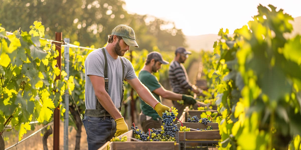 trois vignerons qui récoltent le raisin